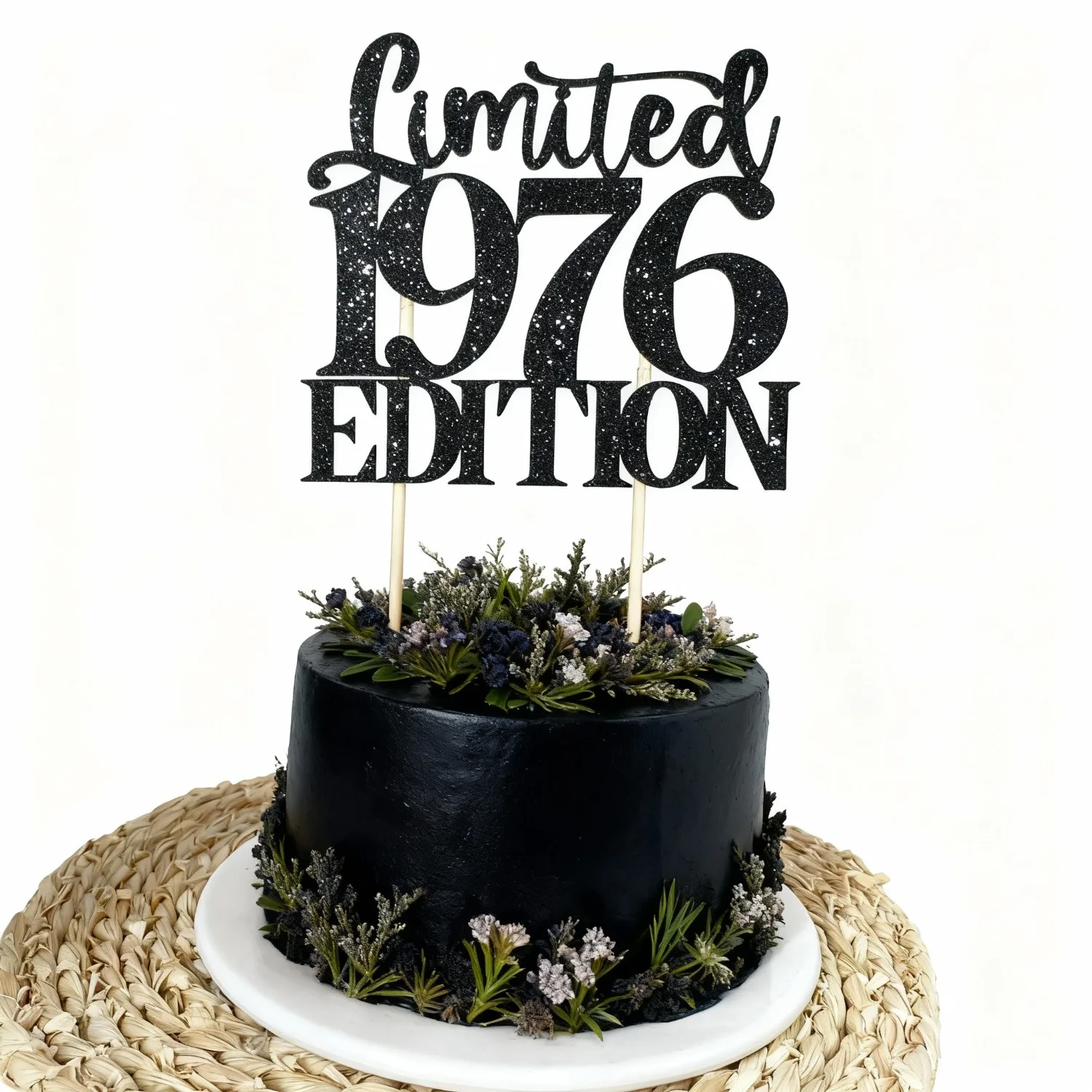 Limited Edition 1976 Schwarzer Glitzer-Kuchenaufsatz für Geburtstag, handgefertigte schwarze Kuchendekoration (1 Stück) – perfekt für Weihnachten – Detail 3
