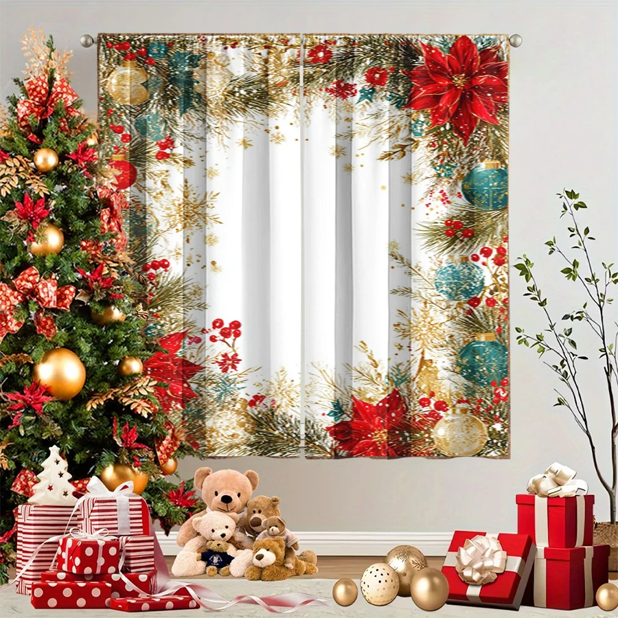 2PCS Christmas Winter Curtains, Pine Poinsettia Berry Ball Gold Frame White, Digital Print, Bedroom Living Room, Home Decor