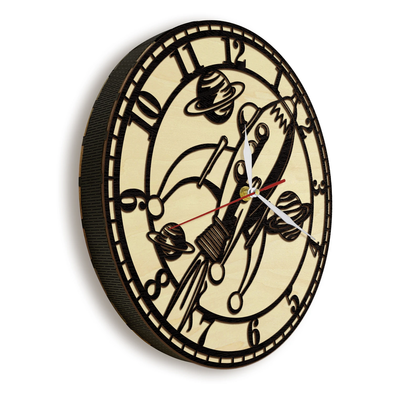 Spaceship Rocket Launching Laser Engrave Wooden Frame Wall Clock For Nursery Kids Room Galaxy Home Decor Living Hinge Wood Clock