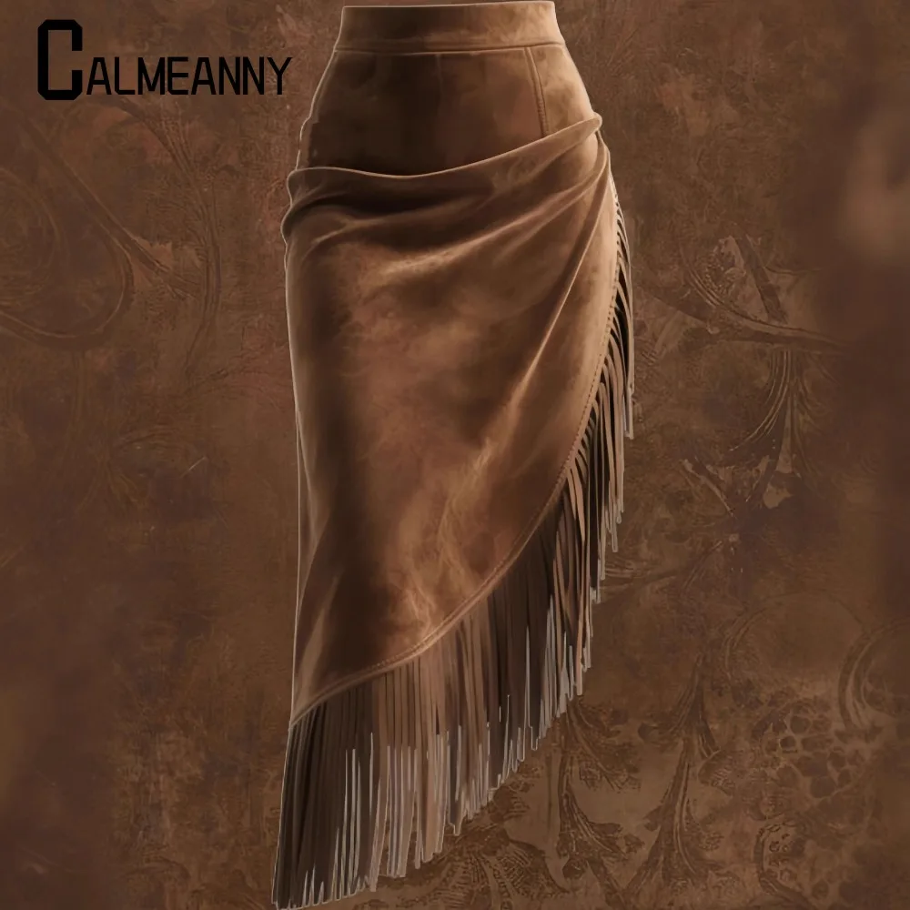 

Лето 2022, винтажная замшевая юбка в стиле вестерн с нерегулярным подолом и кисточками для женщин