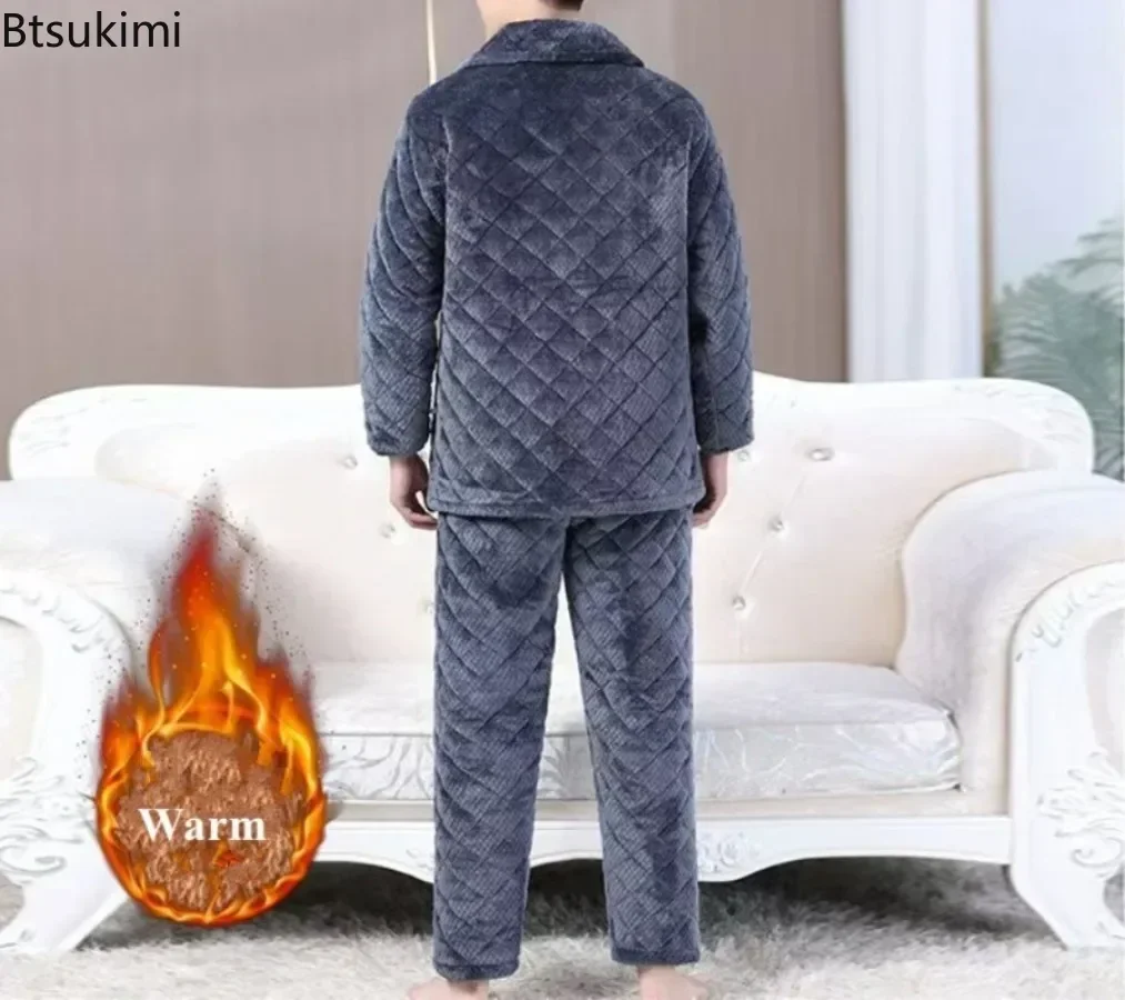 Winter New Men\'s Three-layer Thickened Pajama Set Cozy Coral Fleece Warm Home Cotton-padded Two Pieces Men Lounge Sleepwear Suit