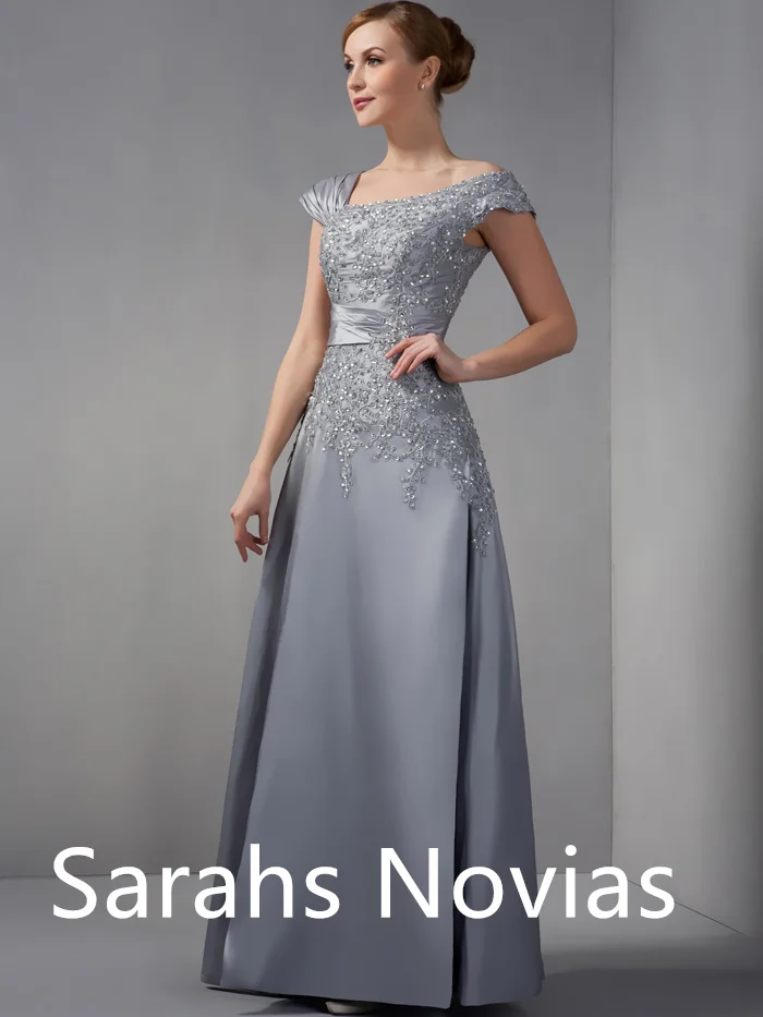 Vestidos de tafetán con cuentas de línea a para madre de novia, apliques de encaje, largo hasta el suelo, ropa Formal para madre para boda, color gris plateado