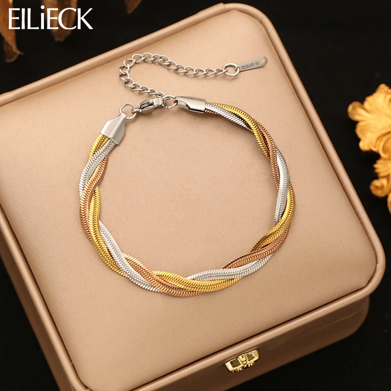 EILIECK Women's Trendy 3-Color Twisted Chain Bracelet 18K Gold Plated Stainless Steel Water-Resistant Classical Jewelry Gift