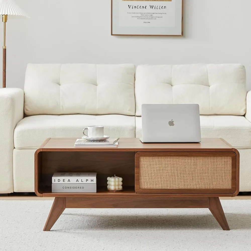 Mid Century Modern Coffee Table with Storage, Farmhouse Coffee Table Accent Center Tables with Sliding Linen Door Panel