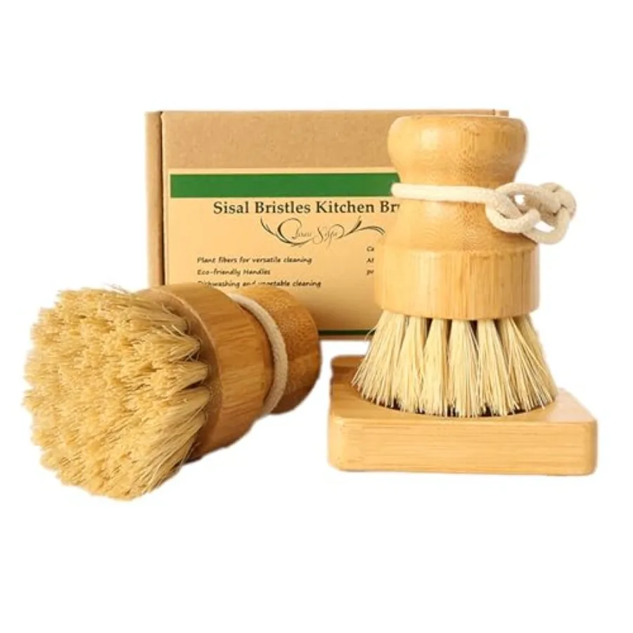 Bamboo Vegetable Brush Set, Natural Bristle Dish Brush with Holder, Eco Friendly Soft Dish Scrubber Kitchen Brush for Dishes