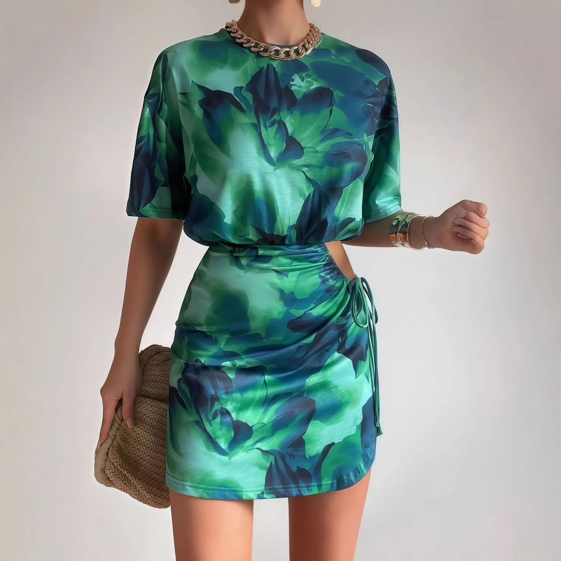 Yuzhexi clássico tie-dye plissado vestido verde apertado feminino cintura recorte manga curta verão graffiti bainha robe