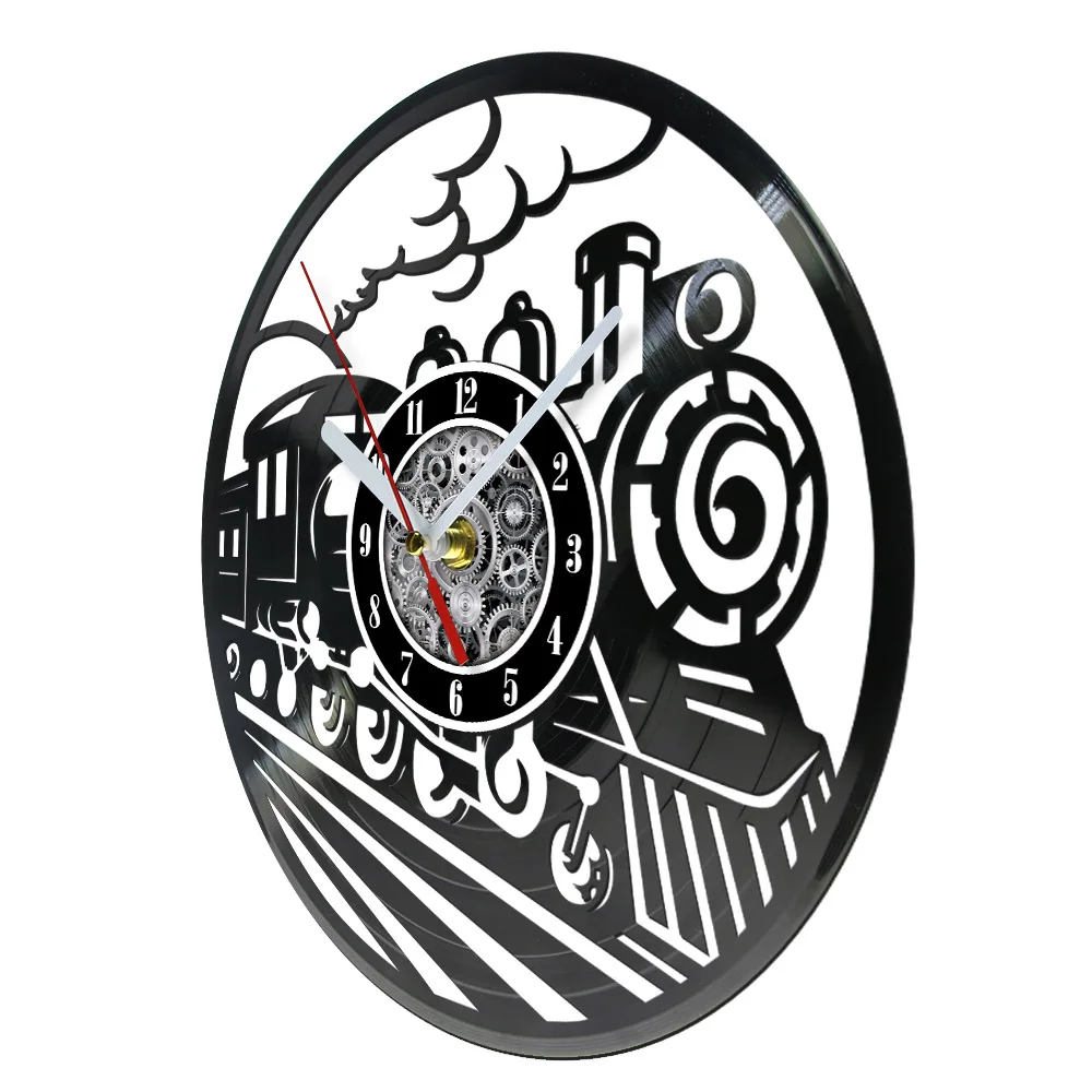 Train with Smoke Steam Trains in Progress Retro Vinyl LP Record Wall Clock Vintage Train Railway Carved Music Album Wall Watch