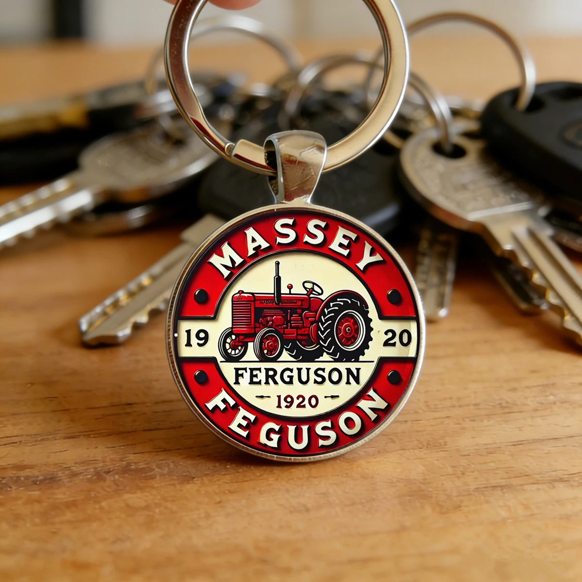 1pc Vintage Farm Tractor Keychain, Red & Cream Rustic Decor with Massey Ferguson Lettering Souvenir Gift Metal Car Keyring