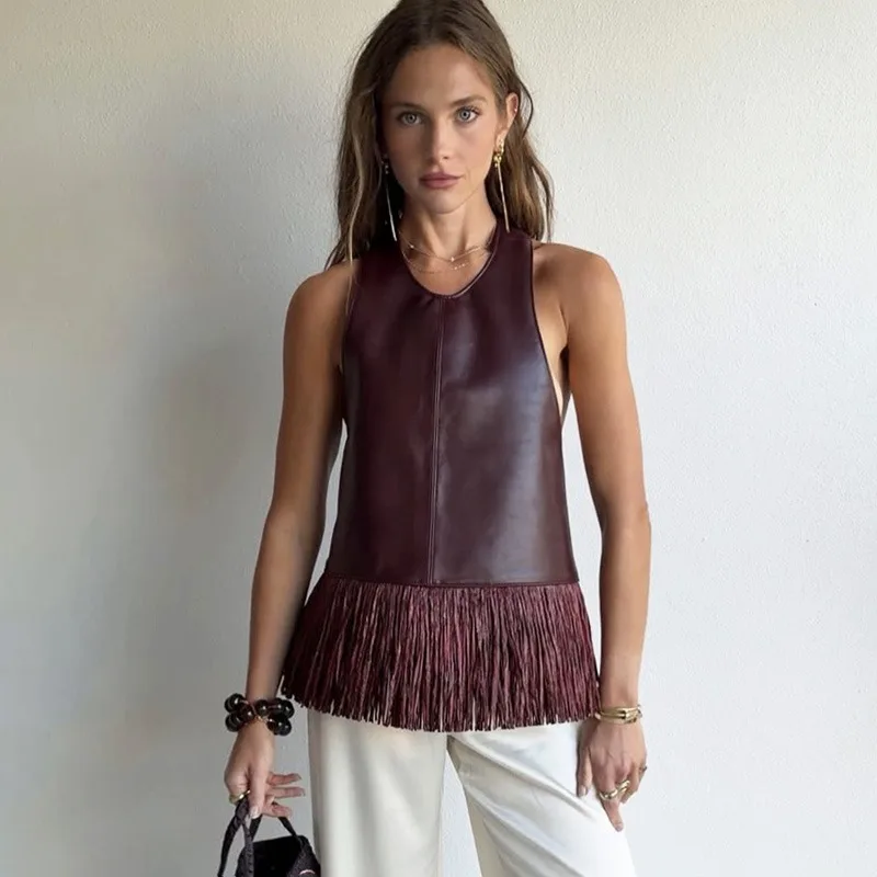 

Ticketsx Fashion PU Leather Vest Women's Vintage Fringe Backless Sleeveless Button Halter Tops Summer Streetwear Y2K Female Tops