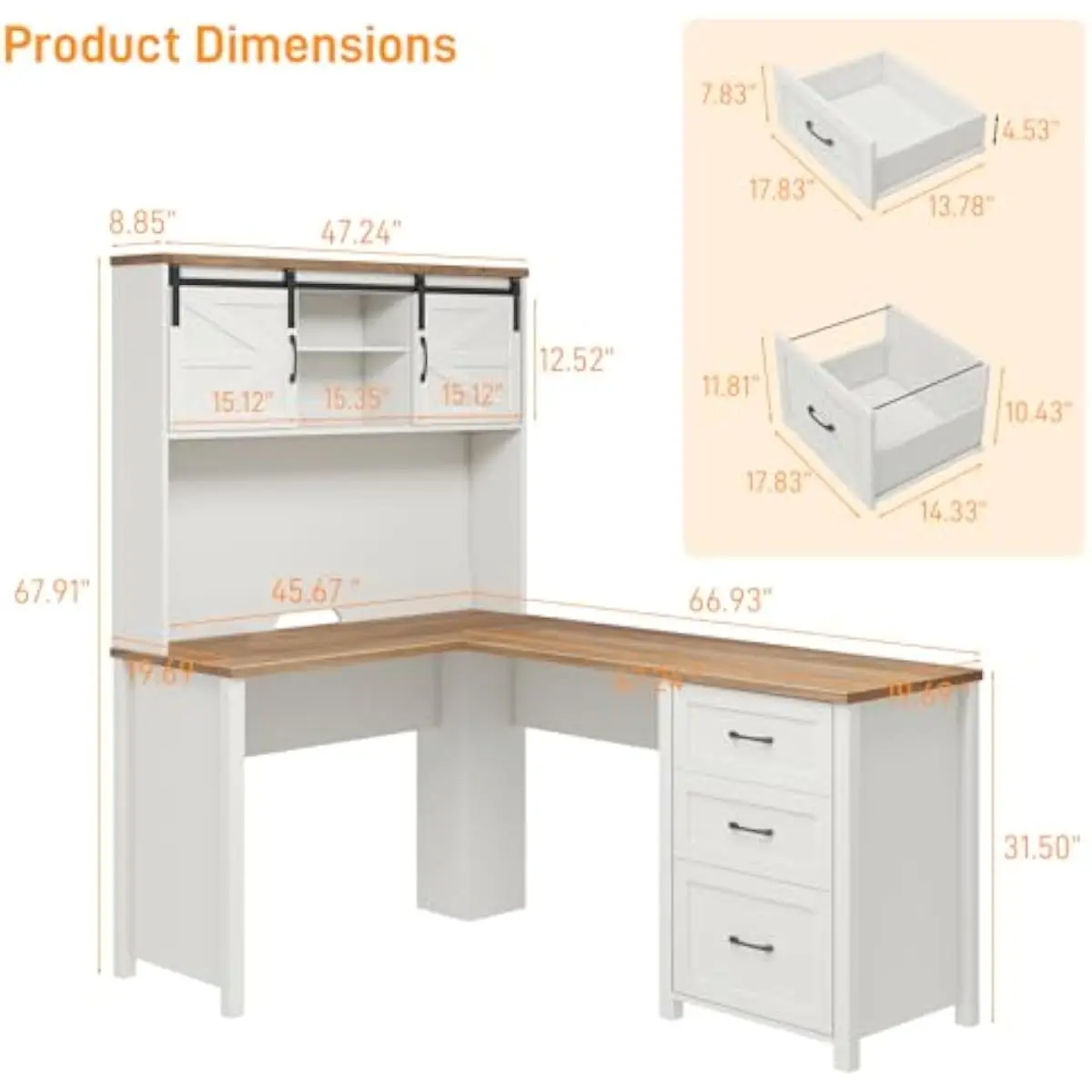 Rustic L-Shape Computer Desk 68 Inch Tall with Two-Tier Barn Door Hutch Engineered Wood Top Natural Grain Finish Spacious Workst