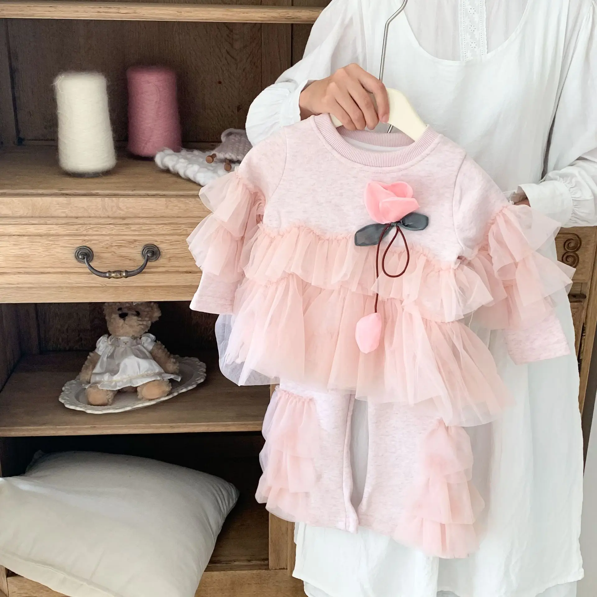 Girls Set 2026 Fall New Kids Sweet Floral Mesh Sweatshirt Baby Girl Cute Fall Princess Casual 2pcs Set