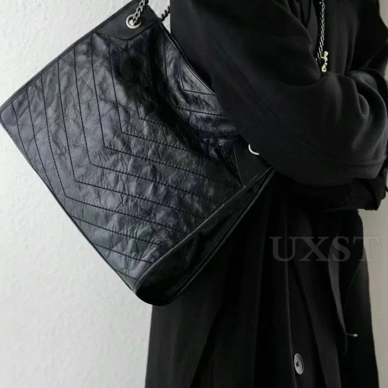 UXST 2024 New Oil Wax Leather Chain Totes Large Capacity Shopping Bag Daily Shopping Ladies Casual Luxury Fashion Shoulder Bag