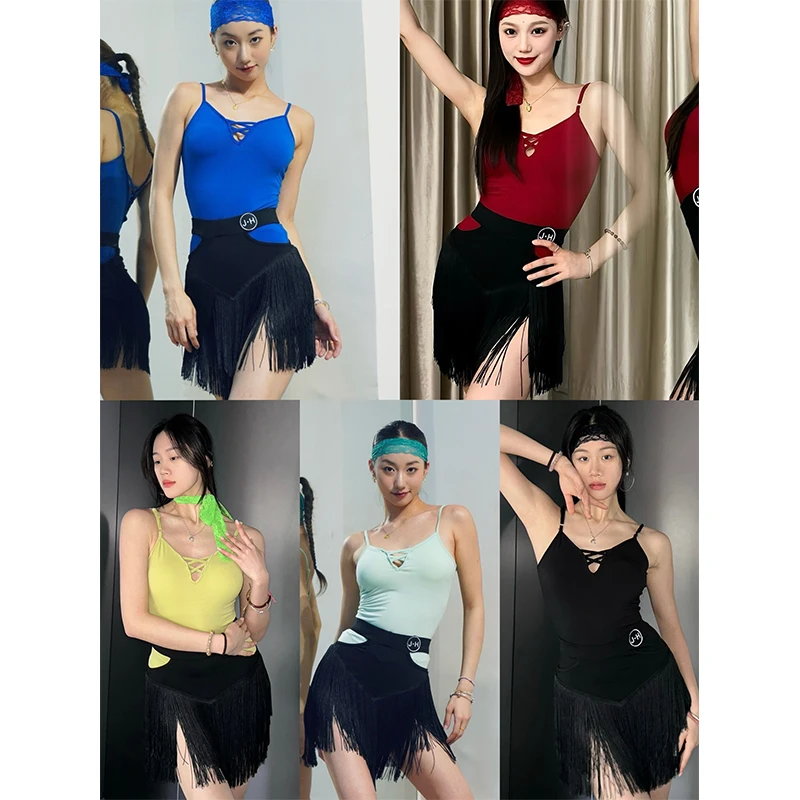 Latin Dance Suspender Tops Hollow Out Fringe Skirt Adult Rumba Samba Dance Clothes Latin Practice Wear Club Dance Wear DNV21120