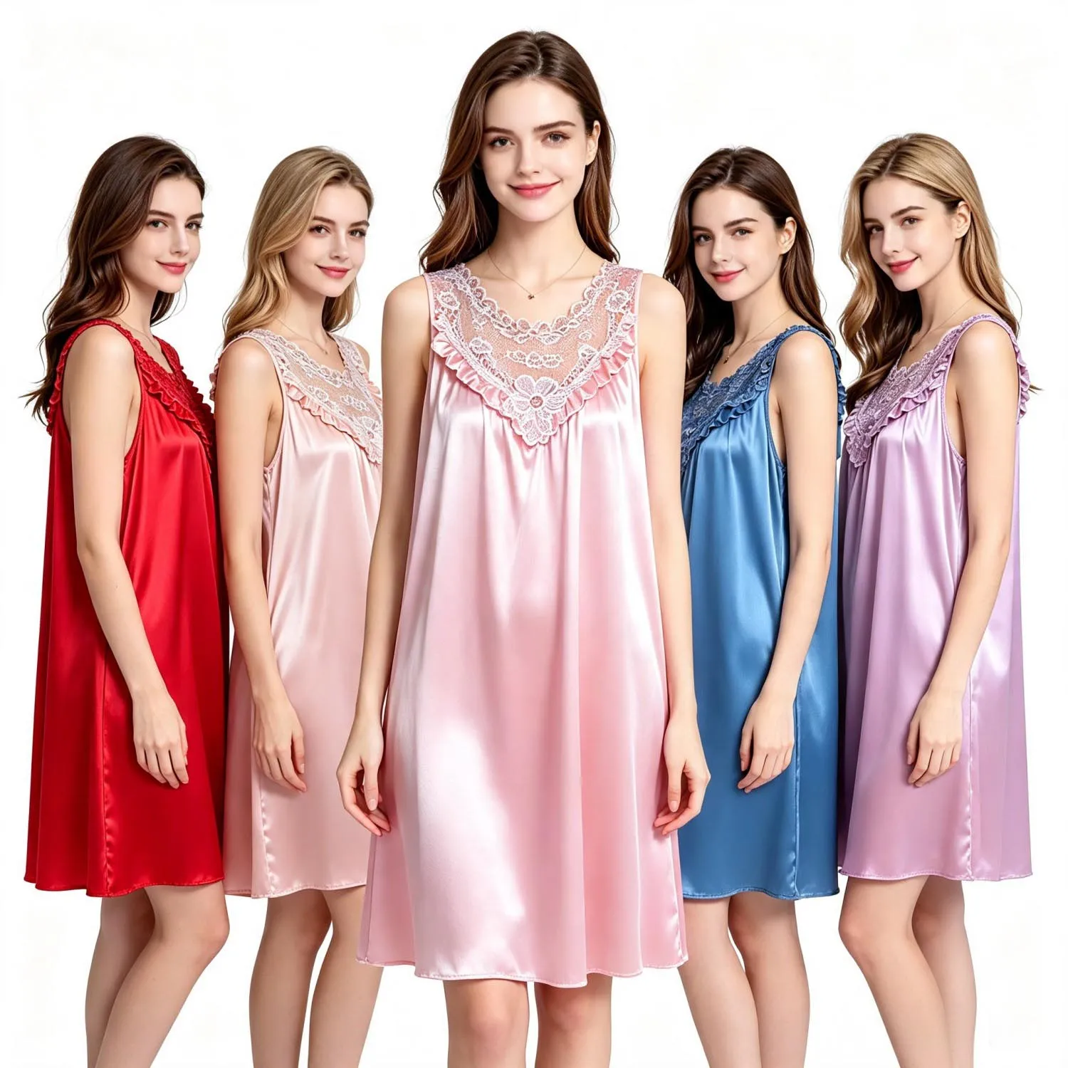 Romantic Ladies Sleeveless Satin Nightdress Lace VNeck Sleepwear Loose Short Night Gown Women Comfort Home Pajama Dress