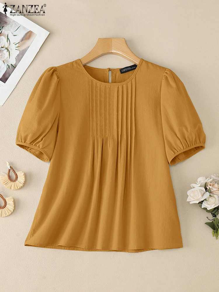 ZANZEA ผู้หญิงฤดูร้อนผ้าฝ้ายลินินเสื้อจีบ-Bib O-คอสั้นพัฟแขน Blusas Mujer ทุกวันแฟชั่นสีทึบ Chemise