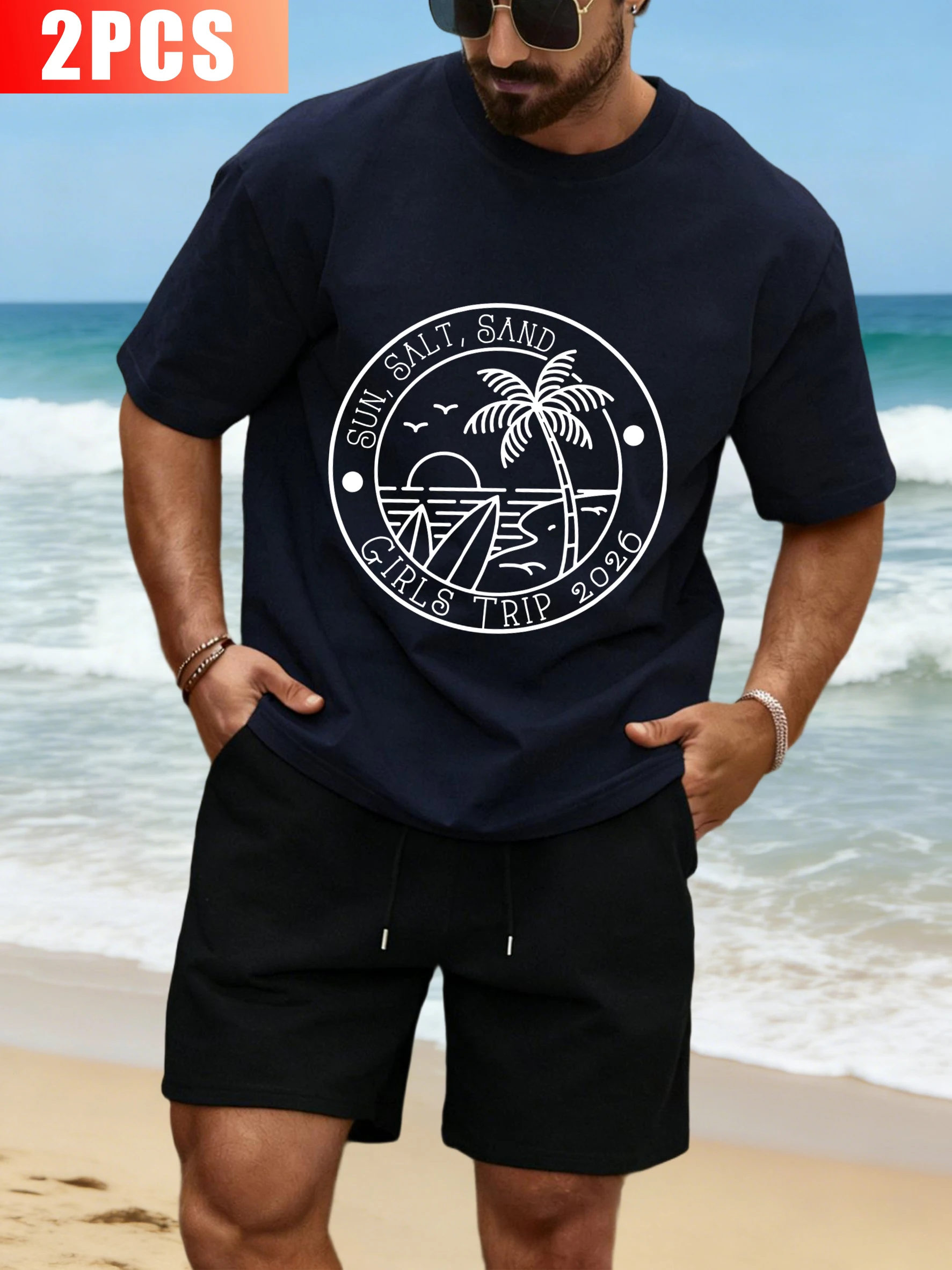 

Sea Level And Sunset Coconut Trees Men T Shirt Suit O-Neck Cotton Tee Trendy Wide-Leg Shorts Summer Unisex Hip Hop Retro Top