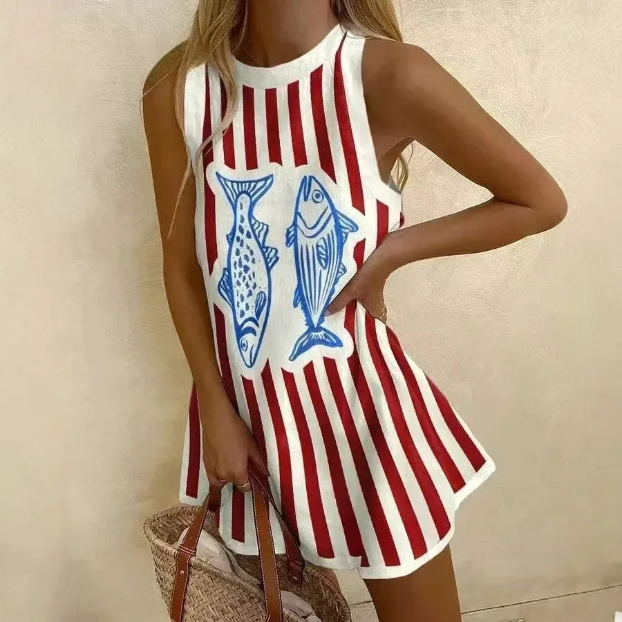 2025 elegante vestidos mujer vrouwen puzzel print zomerjurk mouwloze casual tank o-hals strand zwemmen jurken voor vrouwen