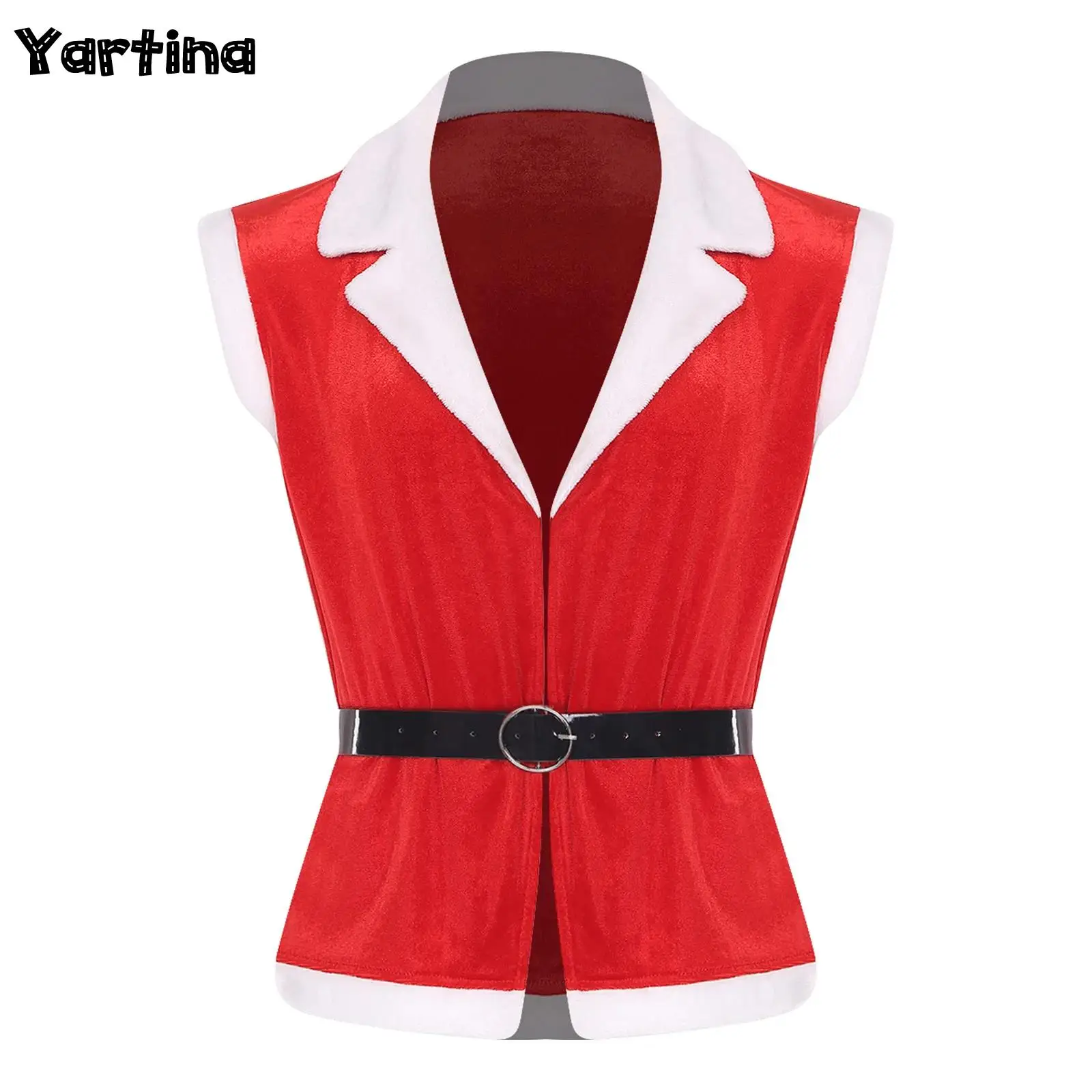 

Mens Christmas Xmas Velvet Vest Santa Claus Cosplay Party Costume Notch Collar Open Front Tops with Adjustable Faux Leather Belt