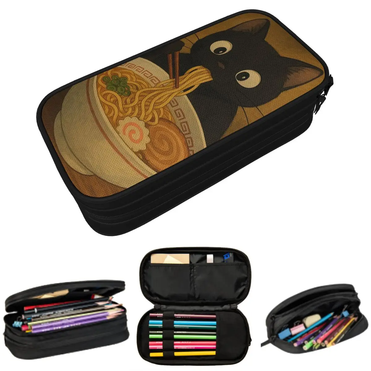 Estuche para lápices japonés Kawaii Noodle Black Cat Ramen para estudiantes, caja para bolígrafos, bolsa para lápices, suministros de papelería, bolsa para guardar bolígrafos