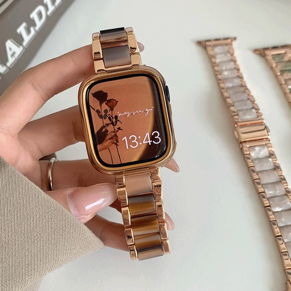 Luxury Women Resin Strap For Apple Watch Ultra 49mm Band 38 40mm 44 42mm Metal Bracelet for iWatch 8 7  6 5 4 se 3 2 1 41mm 45mm