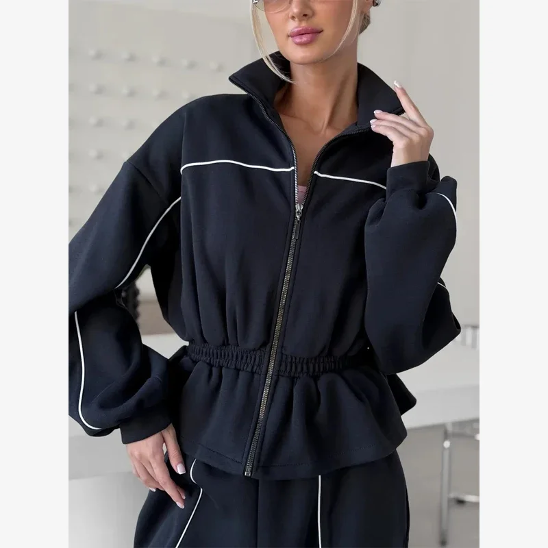 Women Fashion Black Track Suit Jacket Two Piece Suit Zip Up Cinch Waist Coat Wide Leg Pants 2026 Autumn Lady Street Matching Set