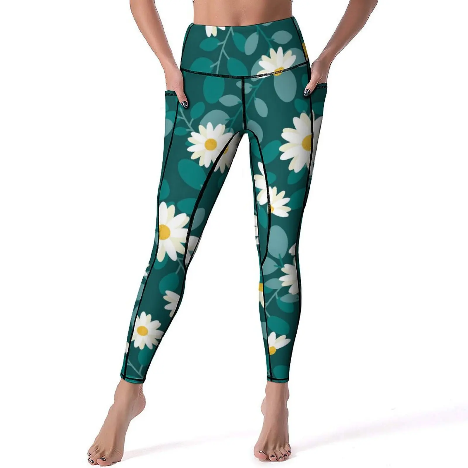 White Daisies Yoga Pants Sexy Flowers Print Custom Leggings High Waist Workout Gym Leggins Women Sweet Stretch Sports Tights