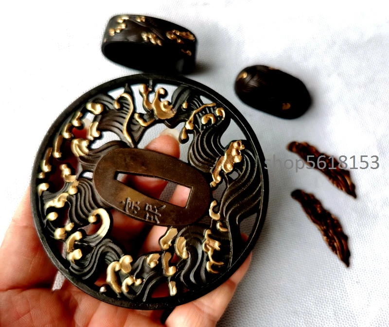 Gold copper Waves tsuba fuchi Menuki for japanese sword's katana wakizashi tanto