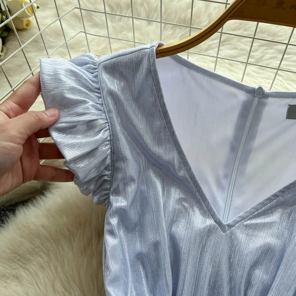 Elegancka sukienka letnia w stylu vintage, satynowa, z krótkim rękawem, inspirowana koreańską modą boho, długa sukienka damska.