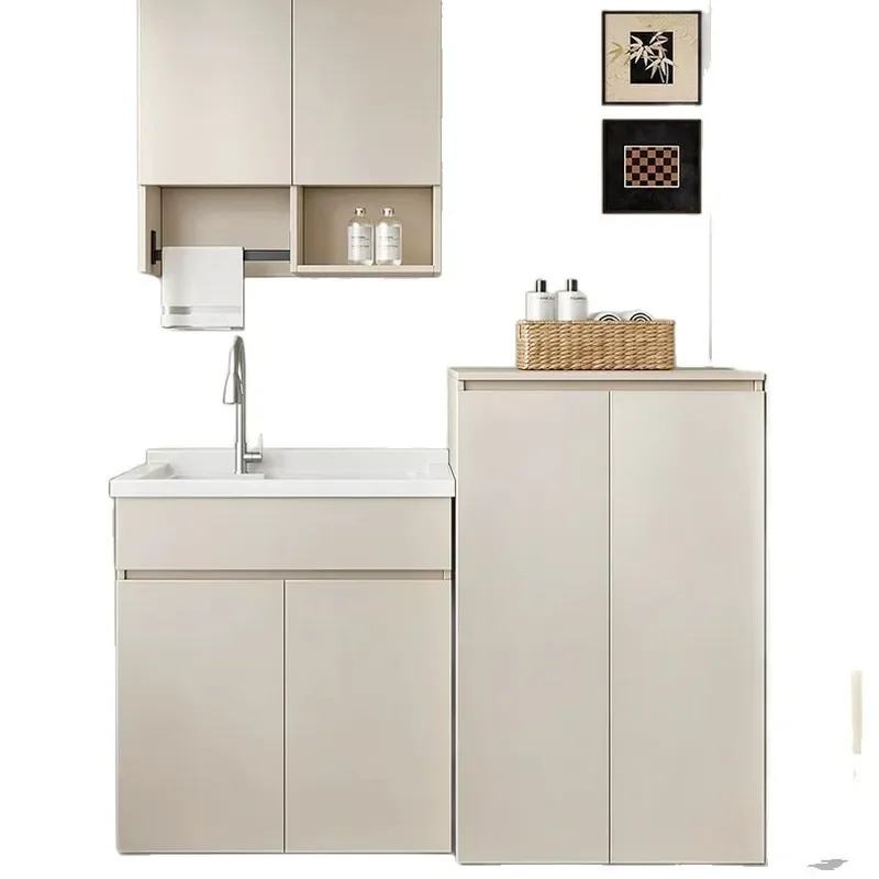 Aluminum Honeycomb Laundry Cabinet with Quartz Basin Flip Top Integrated Sink for Balcony Washing Machine Storage Unit