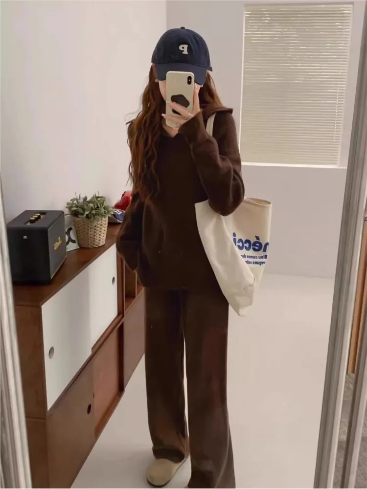 Autumn 2 Piece Set Pullover Sweater Knitted Tracksuit Women Korea New Turn-Down Collar Clothes High Waist Straight Pants Suit