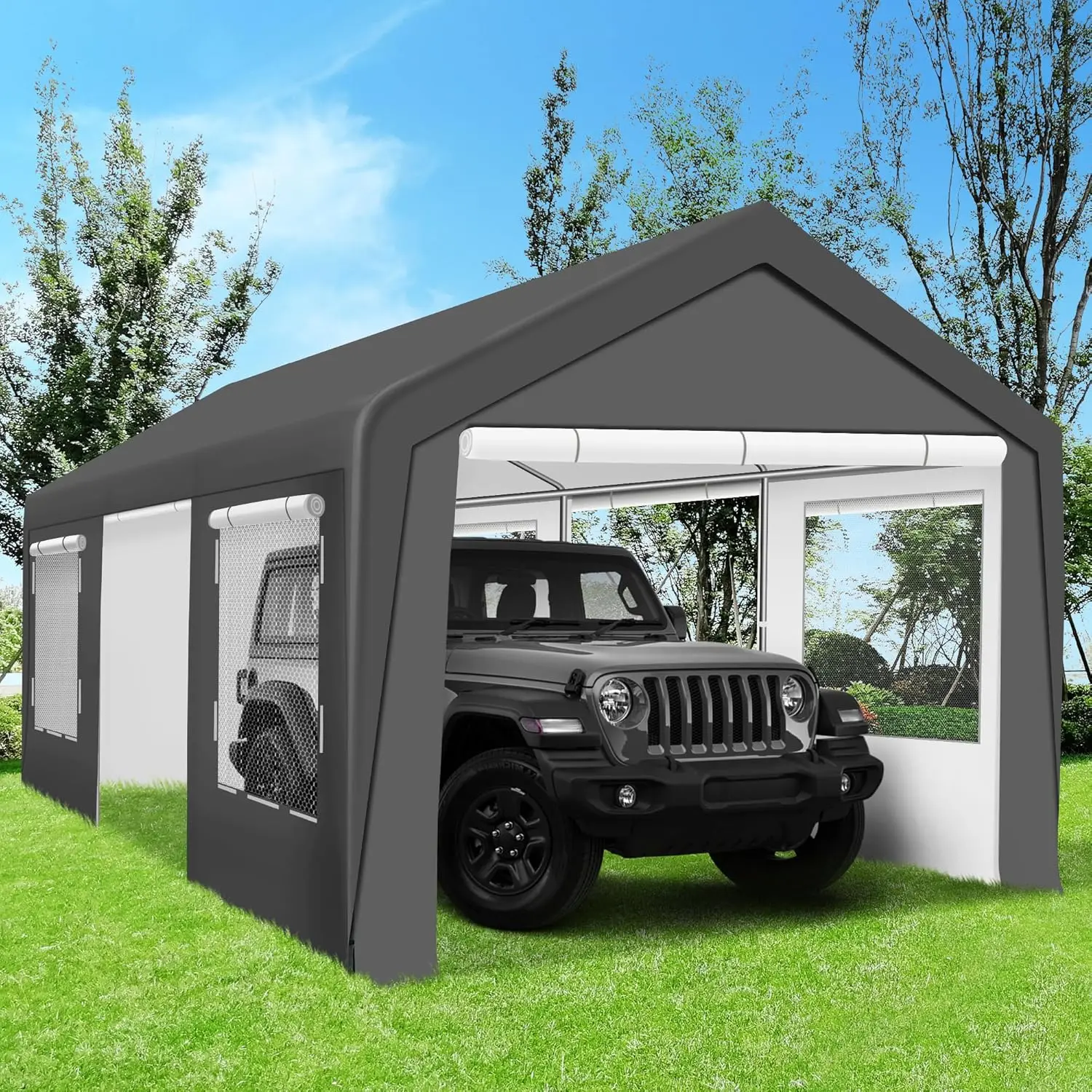 Carport 12X20 Ft Heavy Duty Carport Canopy, Portable Garage With 4 Windows & Side-Opening Door, For Pickup, Boats, Car And