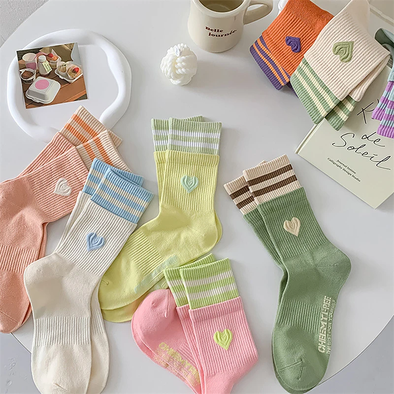 Japanese Sweet Style Women's Socks Macaron Color Love Embroidered Cotton Socks Harajuku Striped