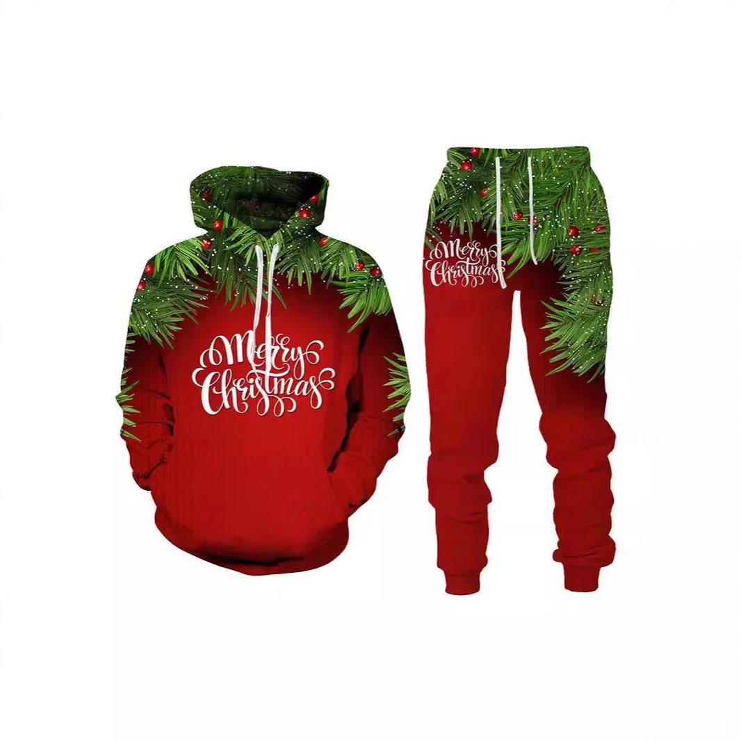 طقم سويت شيرت وسروال بقلنسوة بطابع عيد الميلاد للرجال طقم طباعة رقمية كاجوال فضفاض بأكمام طويلة مبطن حراري مكون من قطعتين #4