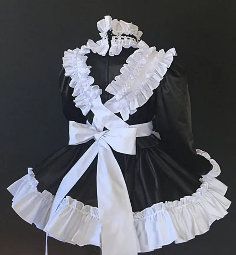 French Sexy Adult Customized Fetishist Crossdressing Sissy Mid Neck Lace Pleated Long Sleeve Black and White Panel Dress