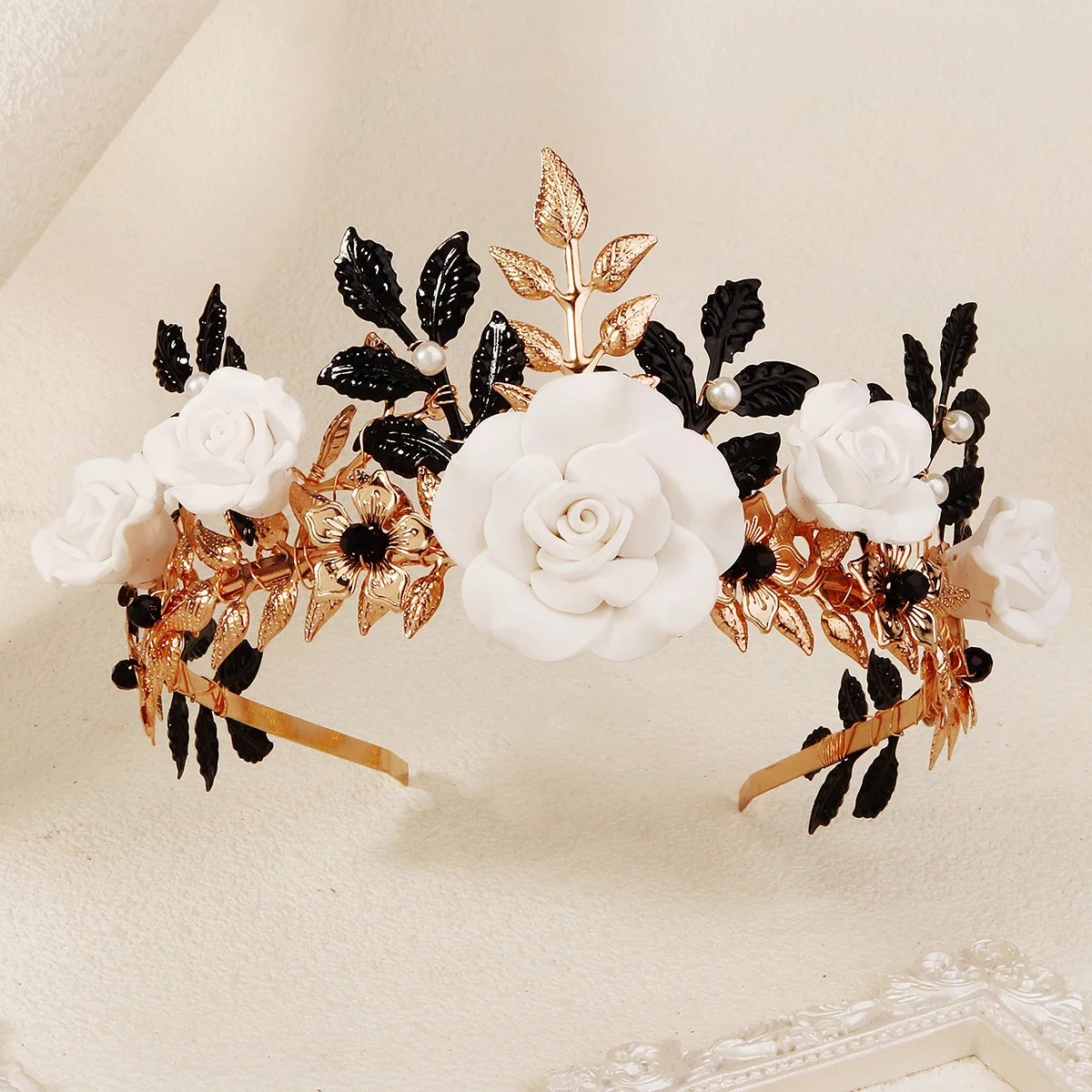 Large Soft Clay Flower Handmade Crown Exquisite Leaf Heavy Bride Tiara Wedding Grand Headdress For Women Luxury Floral Wreath