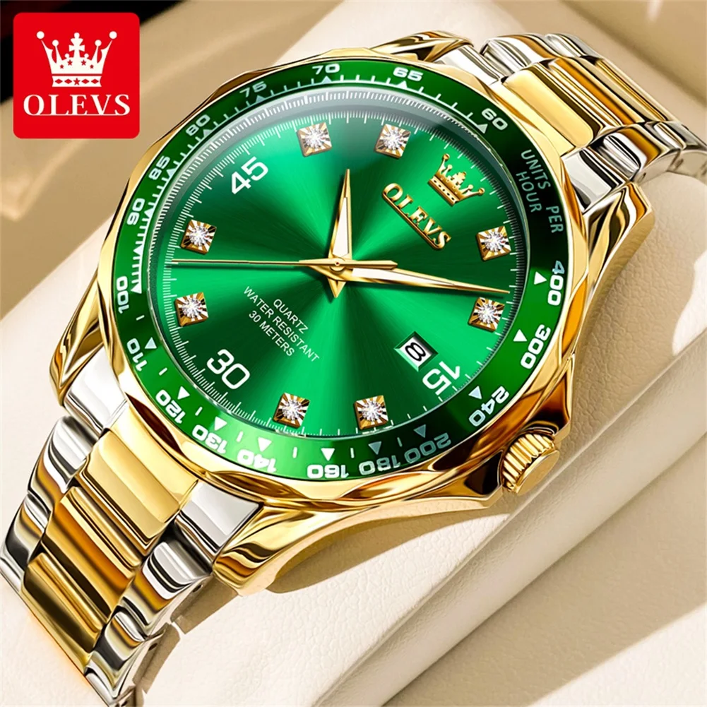 

OLEVS Luxury Brand Quartz Watch Stainless Steel Strap Men's Watches Green Diamond Dial Waterproof Calendar Original Male Watch