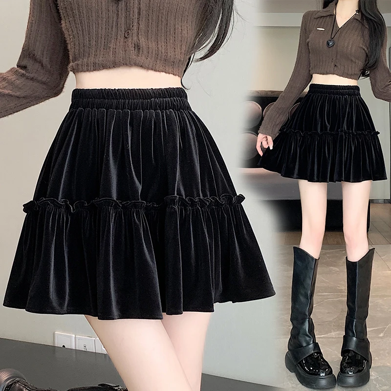 Y2K Black Gold Velvet Skirt Women Sweet Fluffy Fairy High Waist Slimming Half Skirt Autumn Winter