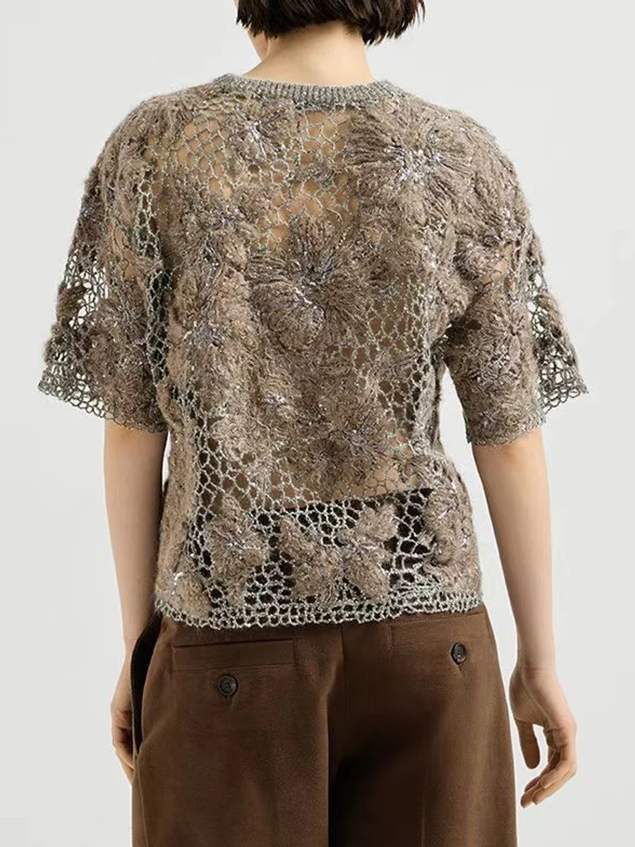 New High-Quality, Stylish Women'S Short-Sleeve Knit Top With Cut-Out Crochet Detail (Autumn/Winter Collection)
