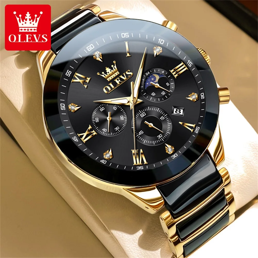 OLEVS 7004 High Quality Ceramics Strap Quartz Watch for Men Elegant Gentleman Waterproof Chronograph Moon Phase Men\'s Wristwatch