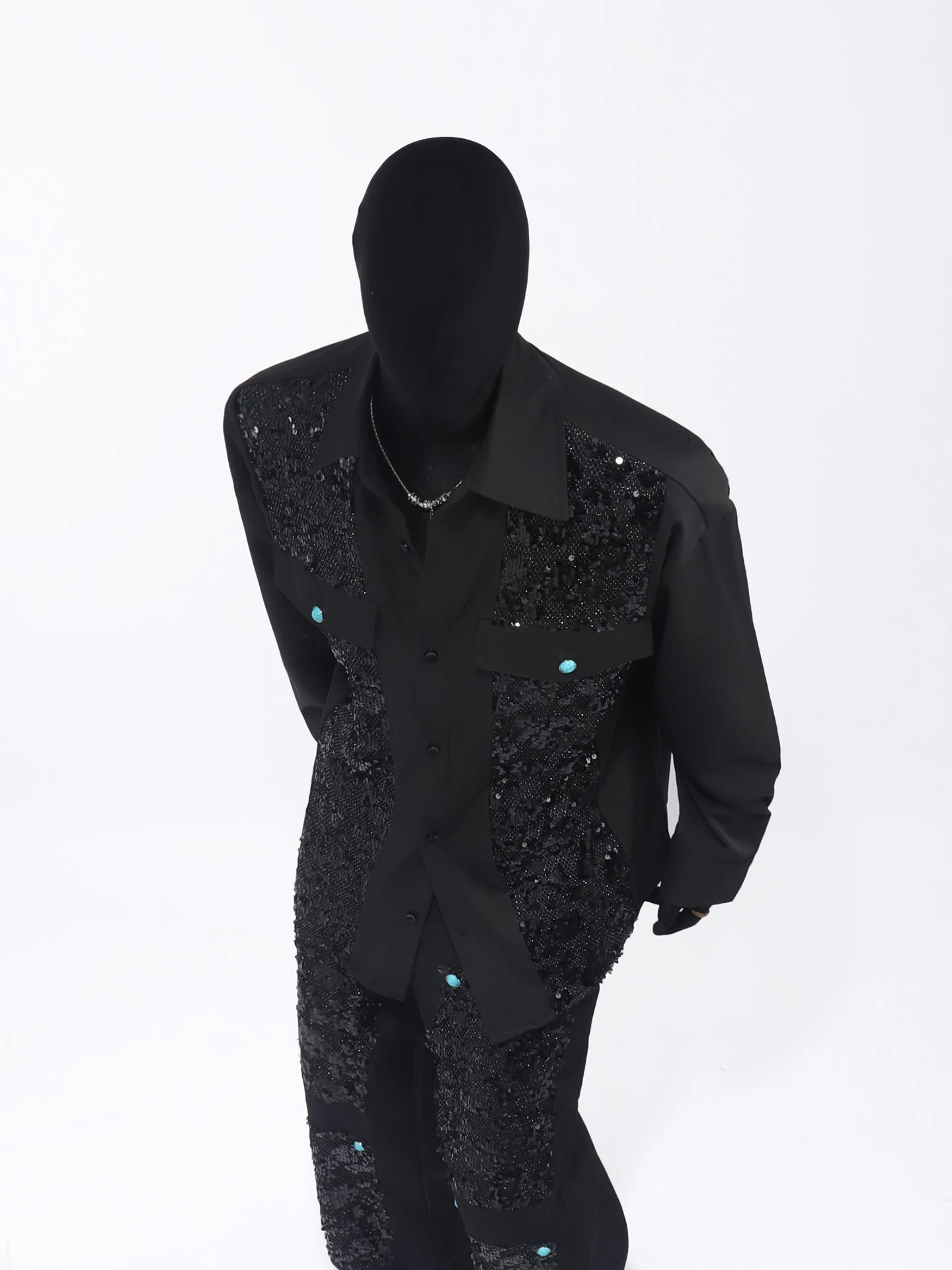 2025 Autumn New High-end Heavy Sequin Patchwork Long Sleeve Shirt Trendy Men's Loose Casual Long Pants Set