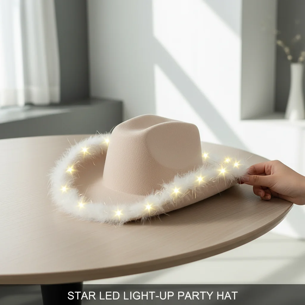 Led Light Up Cowboy Hat Women Authentic Feather Trim Aesthetic Party Hat Luxury Neon Cowgirl Caps Trendy Festival Accessory view 5
