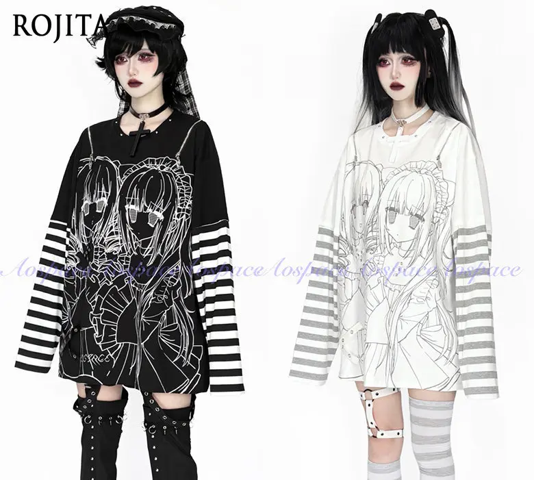 Gothic Anime Twin Girl Print Cold Shoulder Top Black White Stripe Oversized Long Sleeve T-shirt Subculture Comic Style Print Top