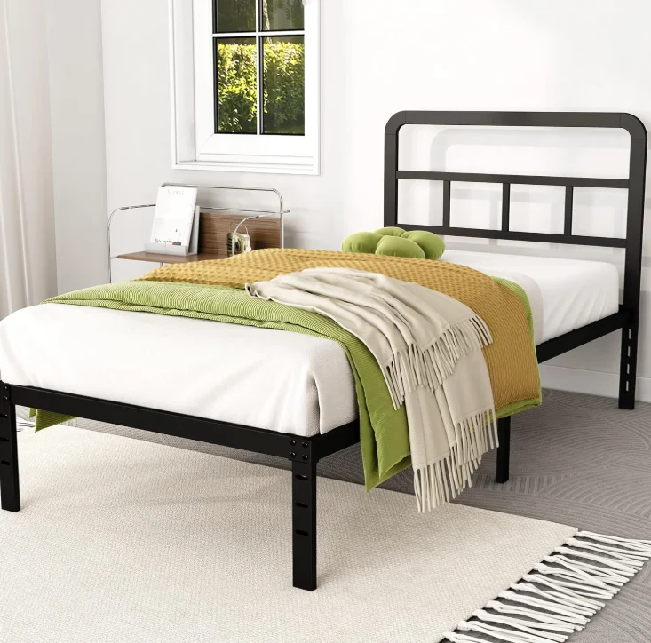 Base de Cama Individual Metálica con Cabecero, Estructura de Acero Resistente, Base para Colchón, Fácil Montaje, Silenciosa, Promueve las Ventas