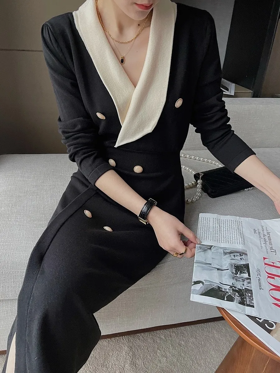 

winter and 2023 new autumn women's clothingHigh-End Temperament Slim Fit V-Collar Contrast Color Dress 1011