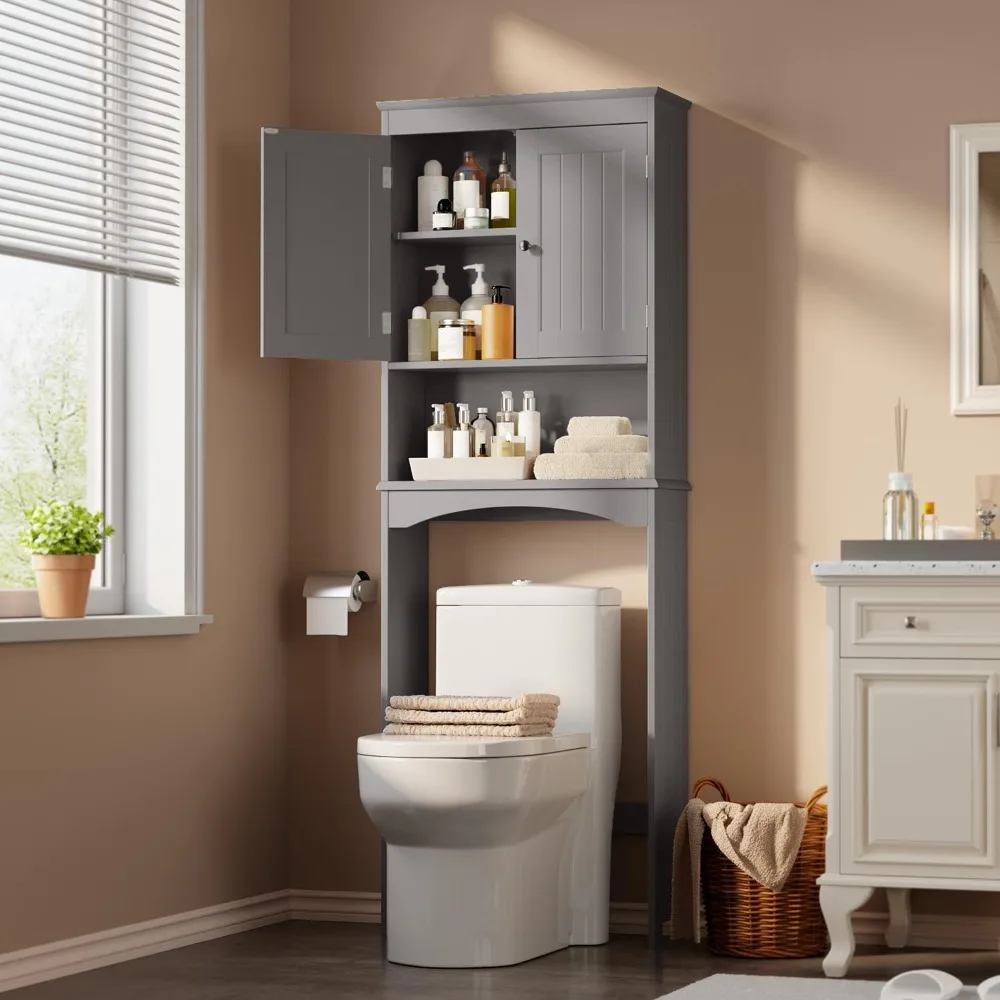

Over The Toilet Storage Cabinet with Adjustable Shelf and Double Doors, Bathroom Space Saver Organizer Above Toilet with Open