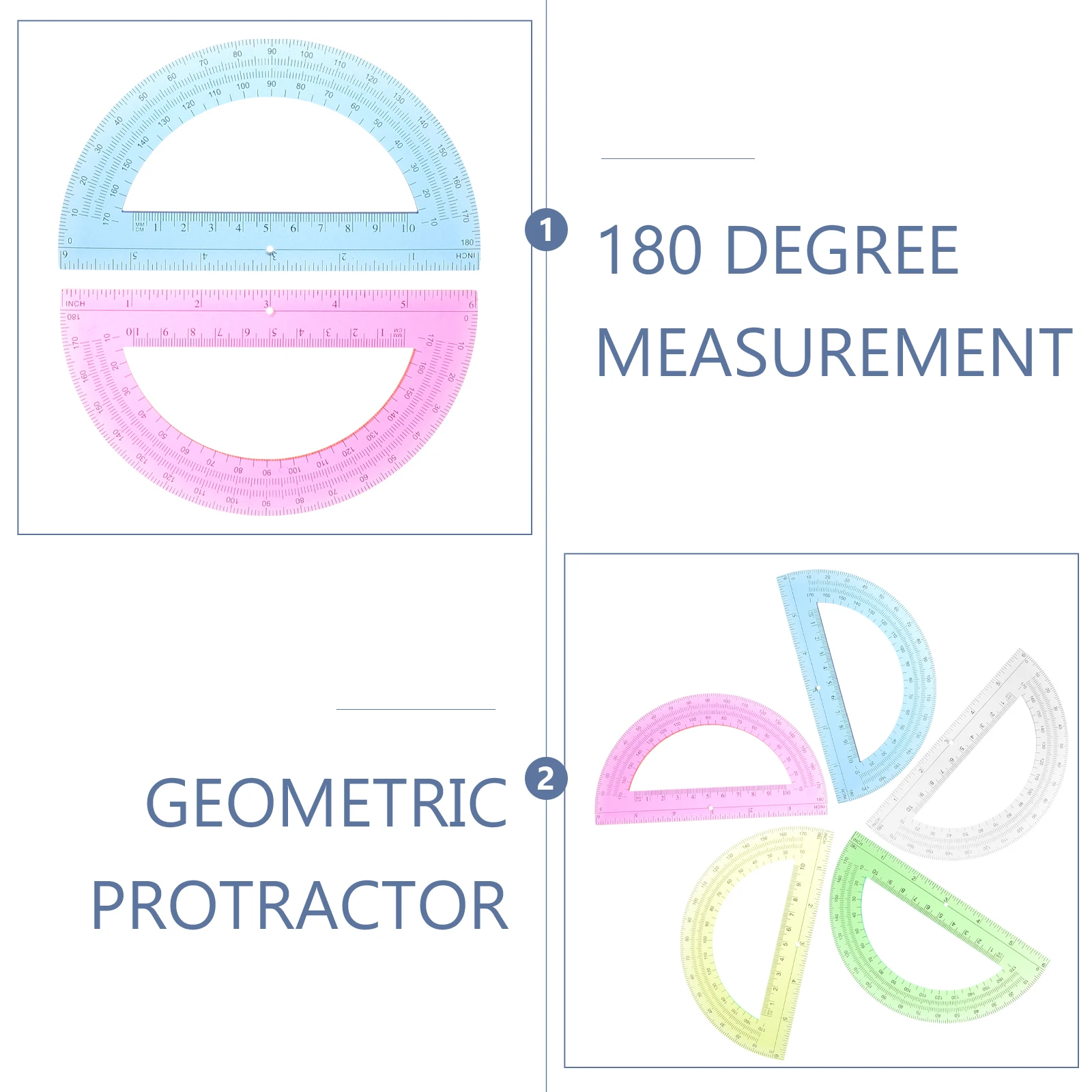 5 Pcs 6 Inch 180 Degree Plastic Protractor Set Geometry Measuring Tool for Students Kids Red Yellow Green Clear Angle Ruler