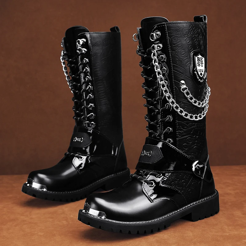 Big Size 38-46 Motorcycle Boots for Men Fashion Letter Casual Shoes Chain Punk Style Motorcycle Boots Comfortable Outdoor Boots