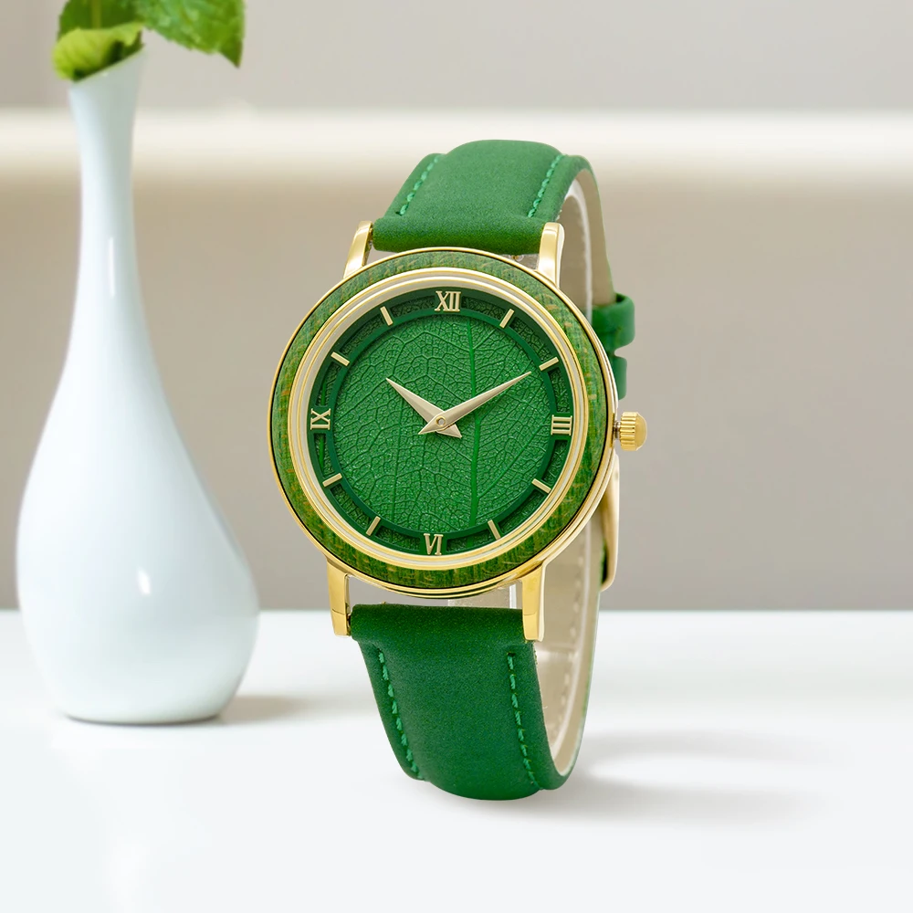 High-End Stainless Steel Case with Wood Ring Genuine Leather Strap Natural Leaf Surface Luxury Watch Component