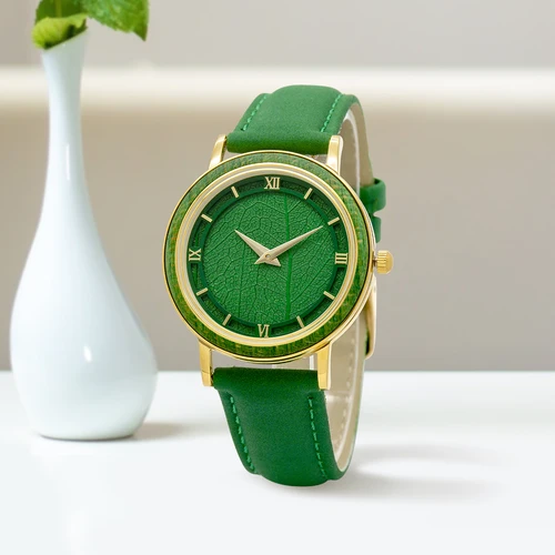 Caja de acero inoxidable de alta gama con anillo de madera, correa de cuero genuino, superficie de hoja Natural, componente de reloj de lujo