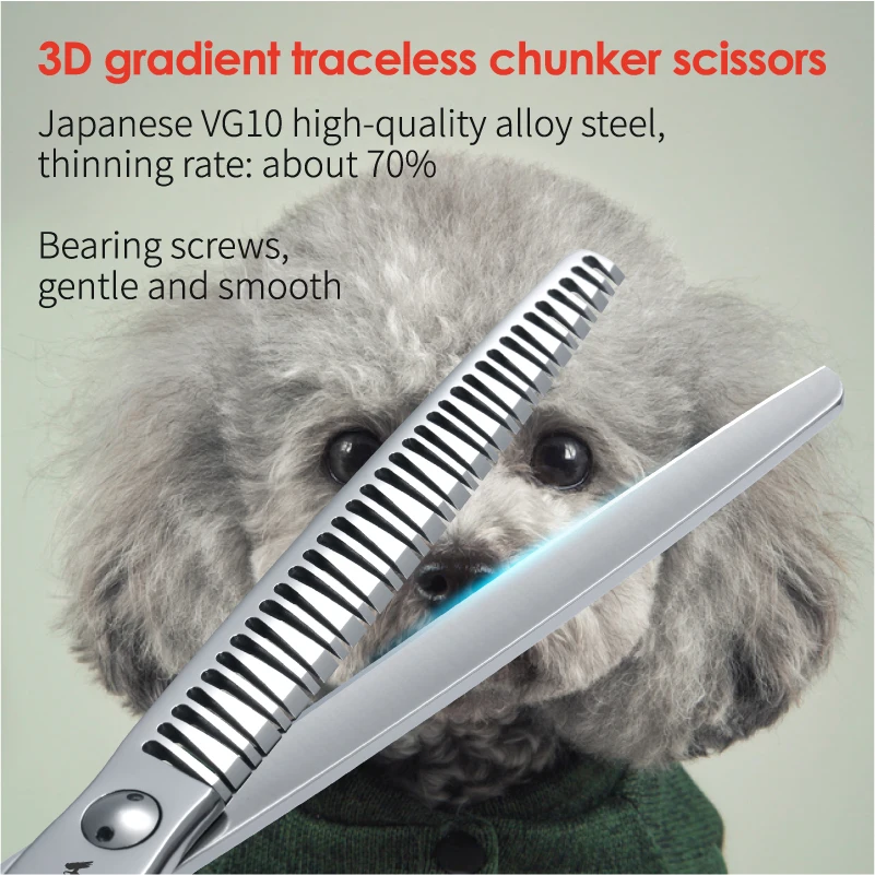 Fenice Professional 7 inch 3D Gradient Traceless Teeth 70% thinning Chunker Scissors VG10 Steel Pet Grooming Shears for Dogs